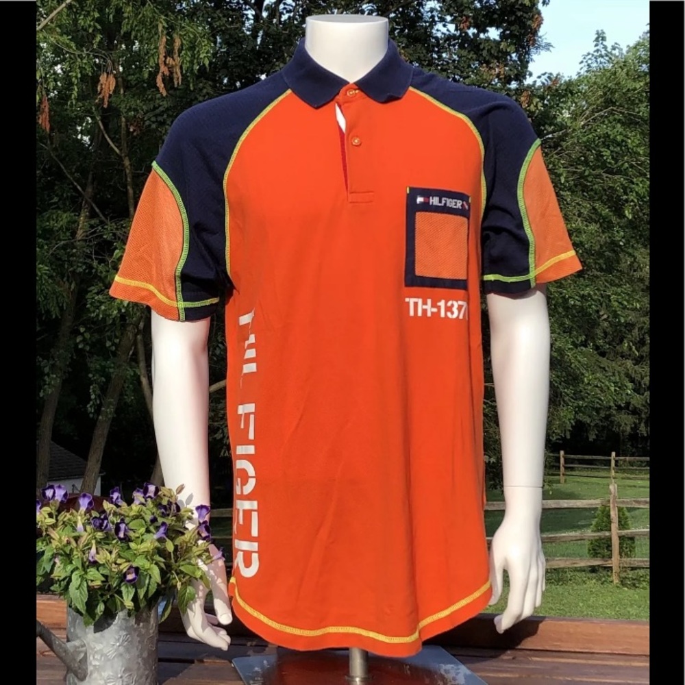 Vintage Tommy Hilfiger Polo Shirt L 2002 Scuba Dive Orange Color Block TH-1370
